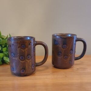 MID CENTURY MODERN Geometric Circular Pattern Brown and Blue Ceramic Mugs